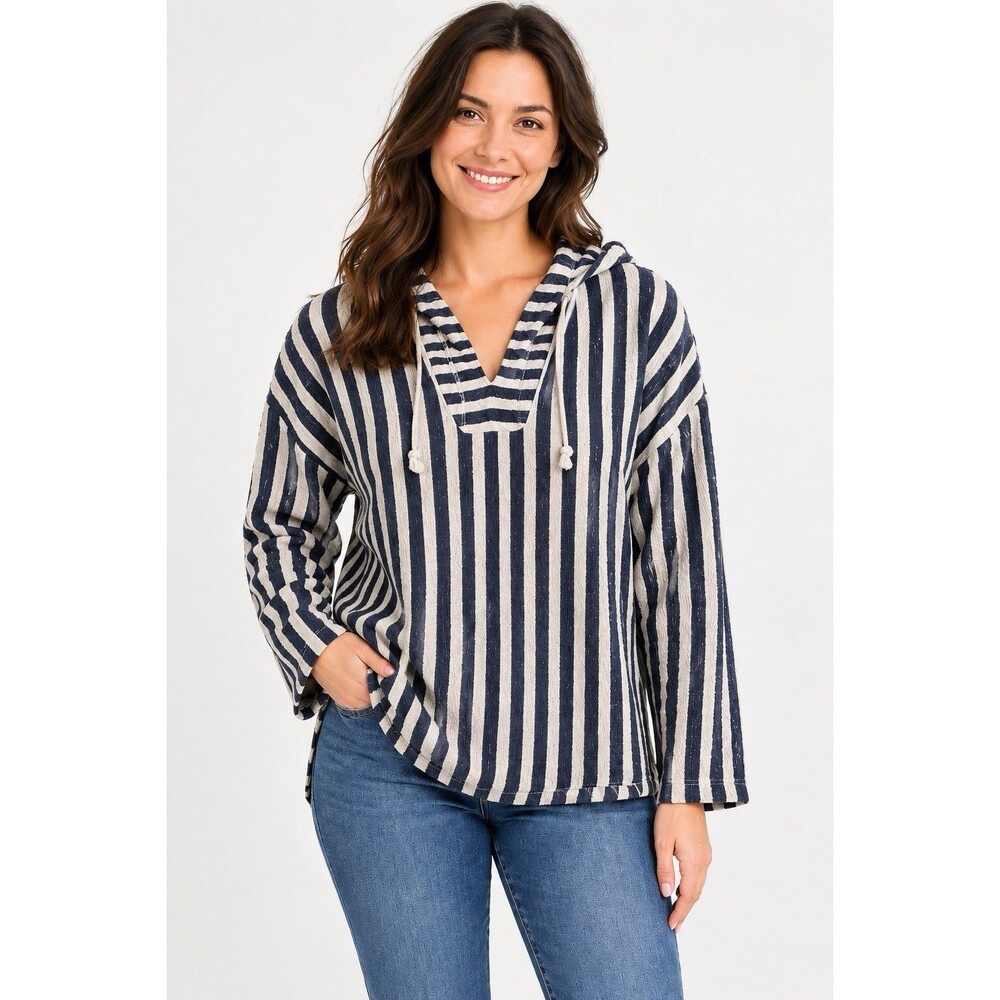 Old Navy Baja Womens Navy Striped Hooded Pullover Sweater XXL Coastal Nautical